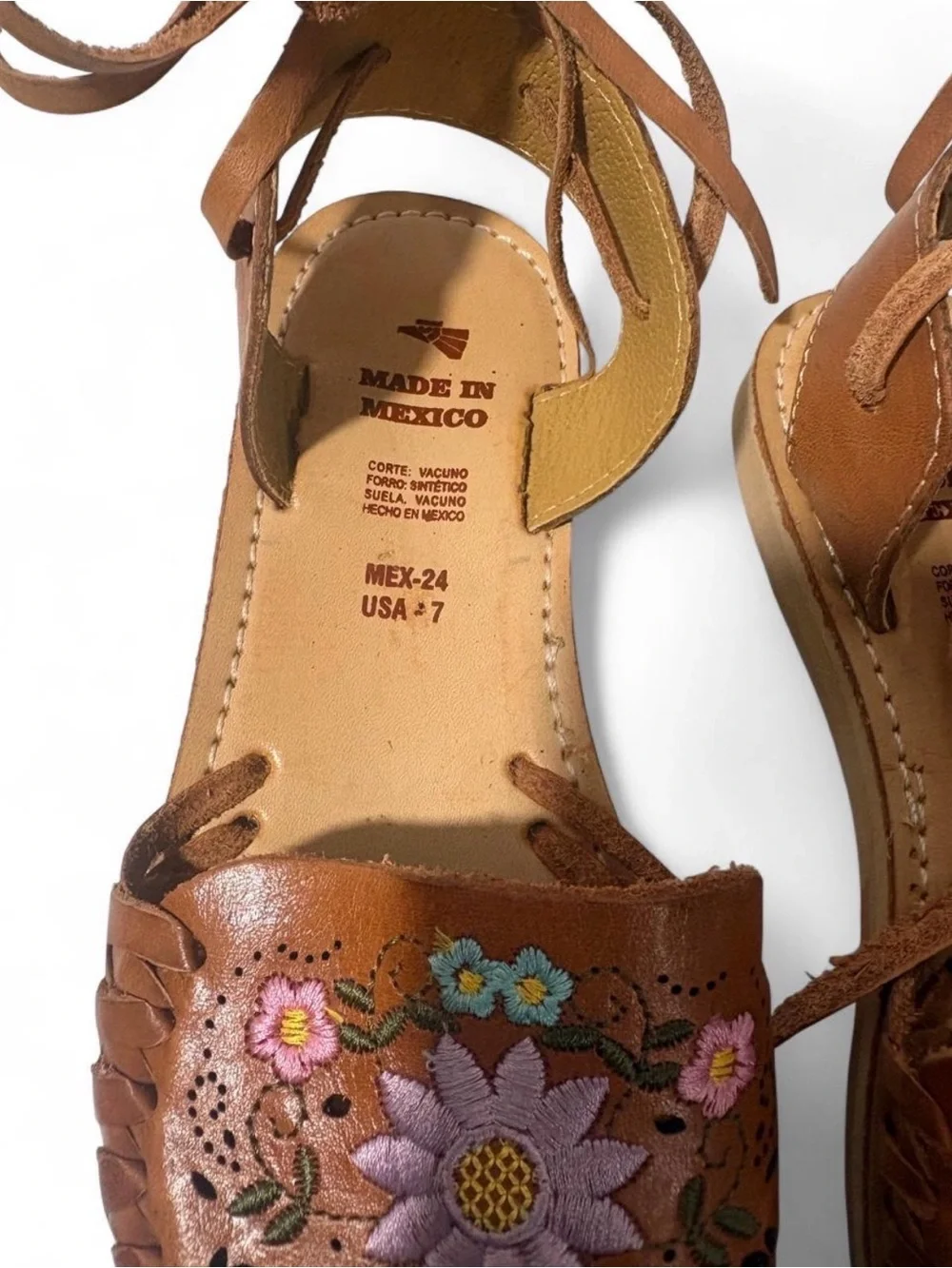 Women’s Brown Leather Floral Embroidered Lace-Up Sandals